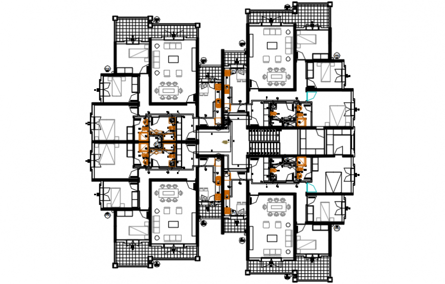 Apartment villa type houses fourth floor distribution plan with sanitary drawing details dwg file