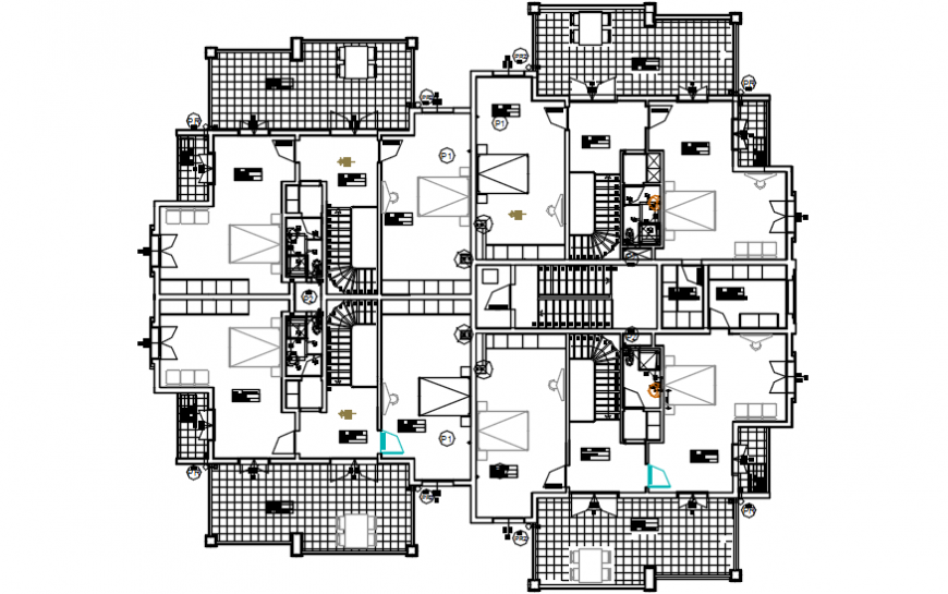 Apartment villa type houses third floor distribution plan drawing details dwg file