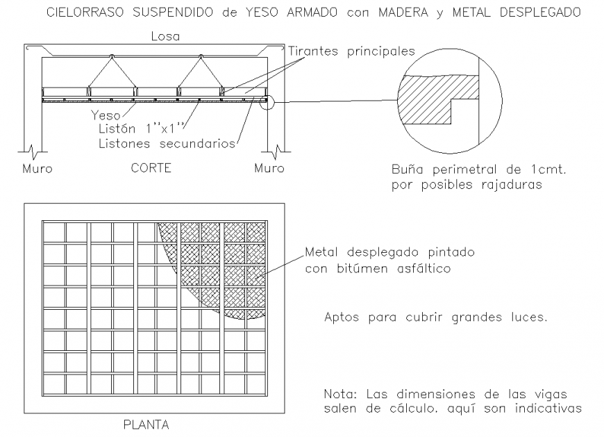 Applied gypsum ceiling with wood and expanded metal plan and section autocad file