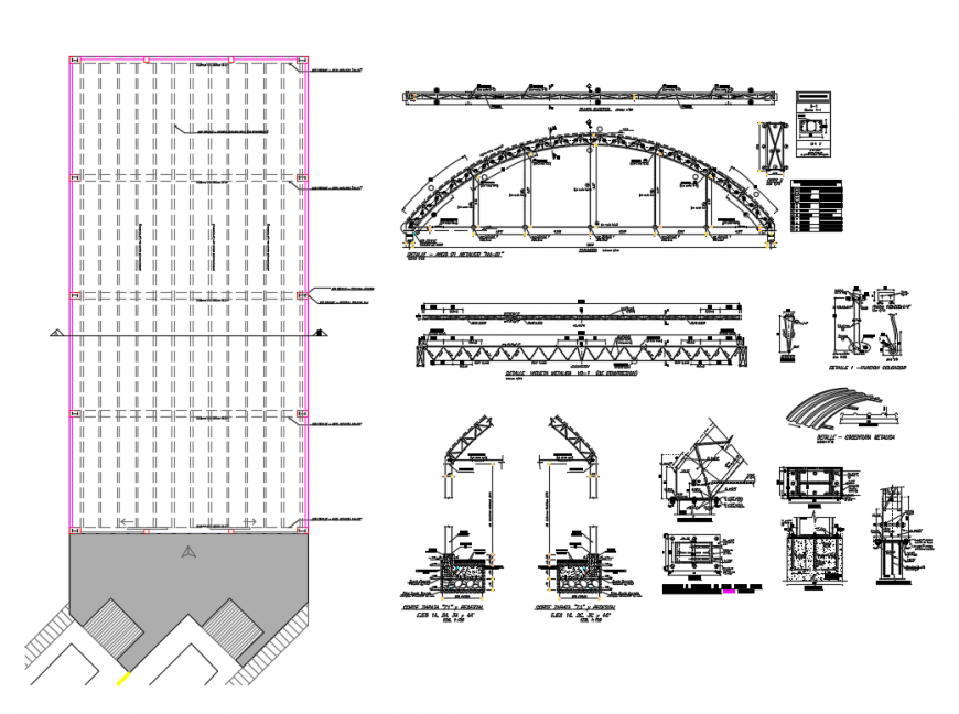 Arc fixing on column metallic structure details of industrial building dwg file