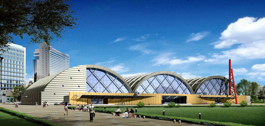 Arc shape commercial building plan dwg file