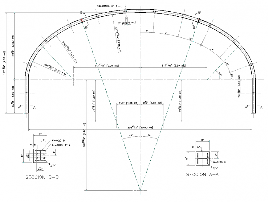 Arch centre plan and section detail dwg file