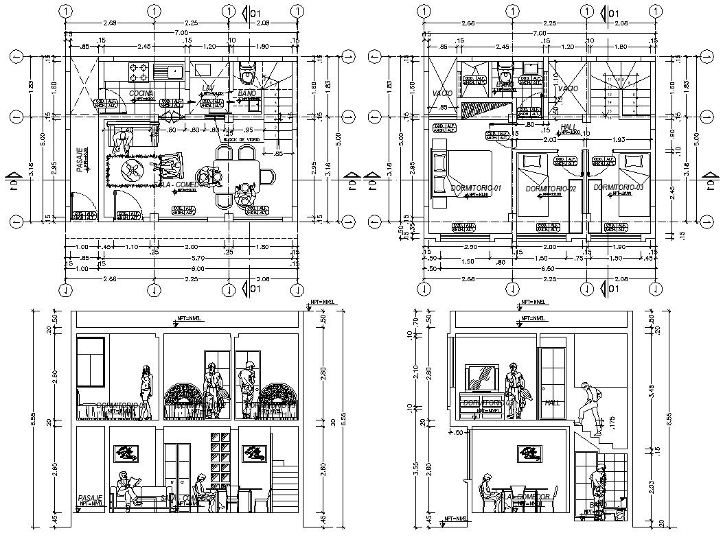 architectural plan of house design with furniture details in autocad