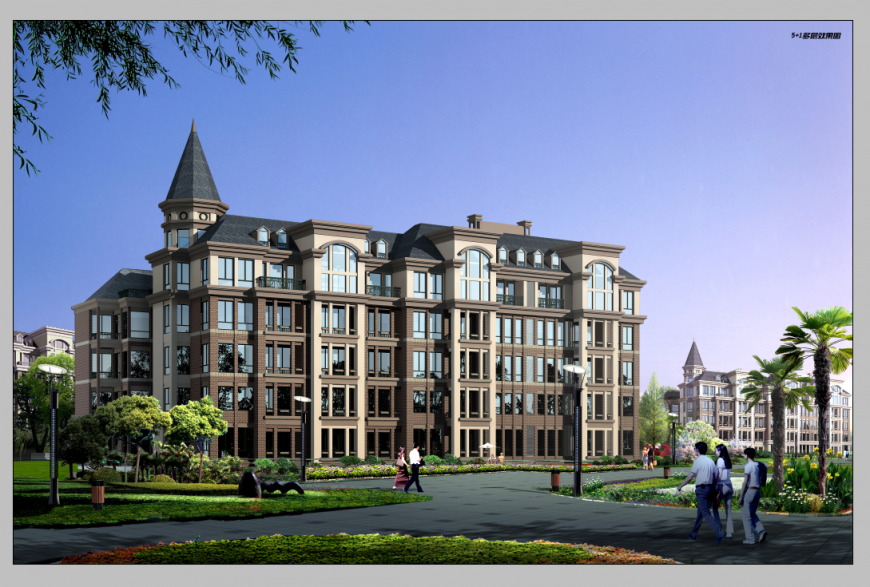 Architectural college building detail elevation 3d model photoshop file