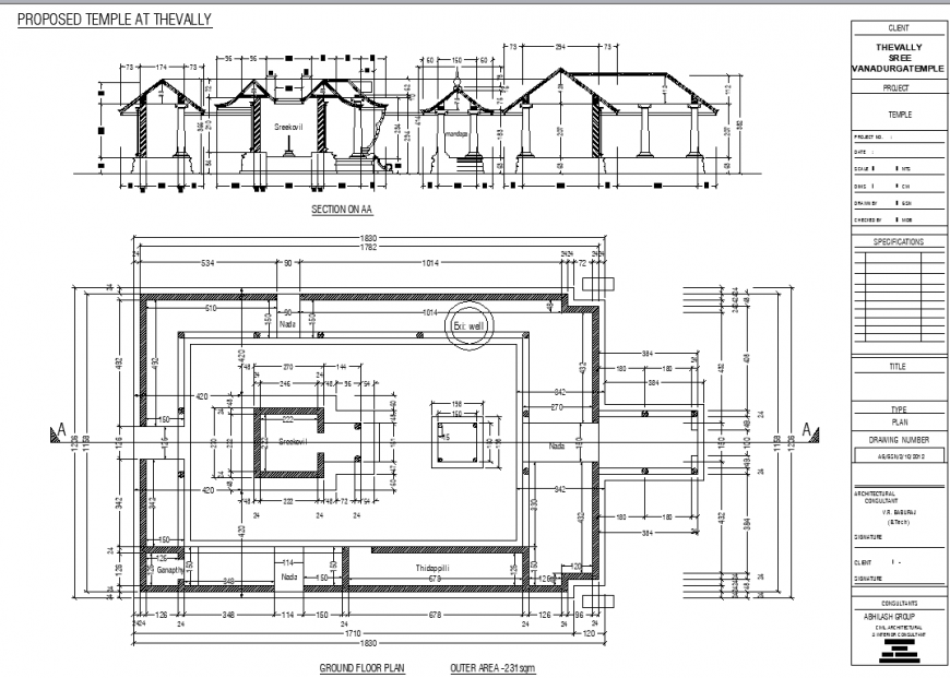 Architectural construction layout plan of temple in dwg AutoCAD file.