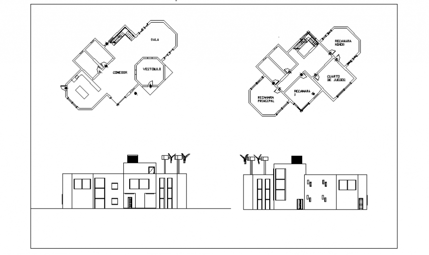 Architectural floor plan & elevation design of Sustainable house design drawing