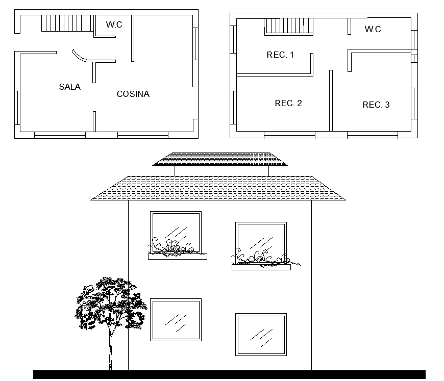 Architectural house layout and elevation drawing in dwg AutoCAD file.