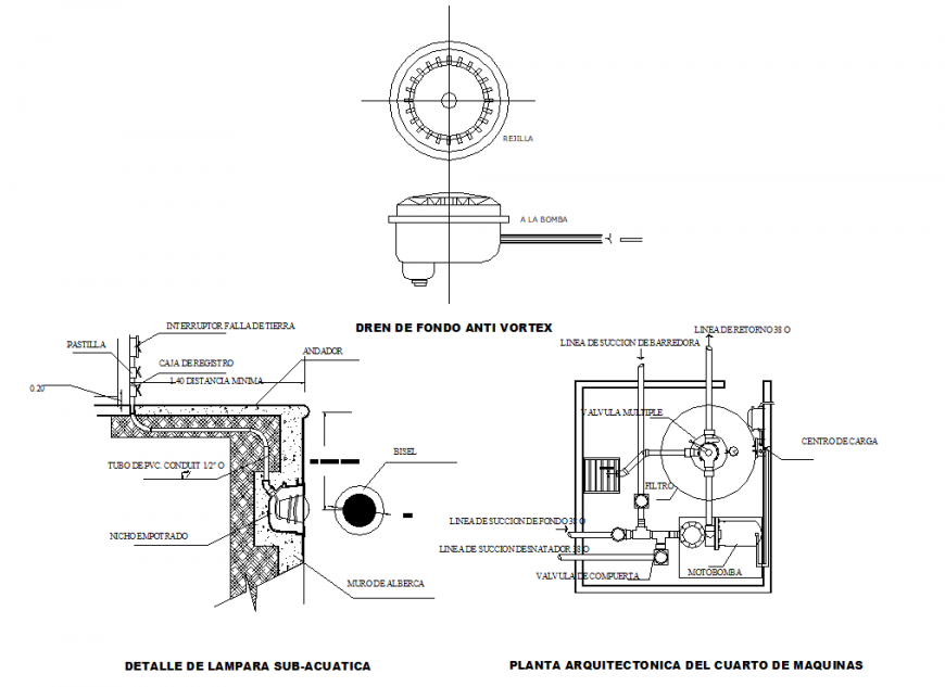 Architectural plan of the maquette and detail of underwater lamp layout file