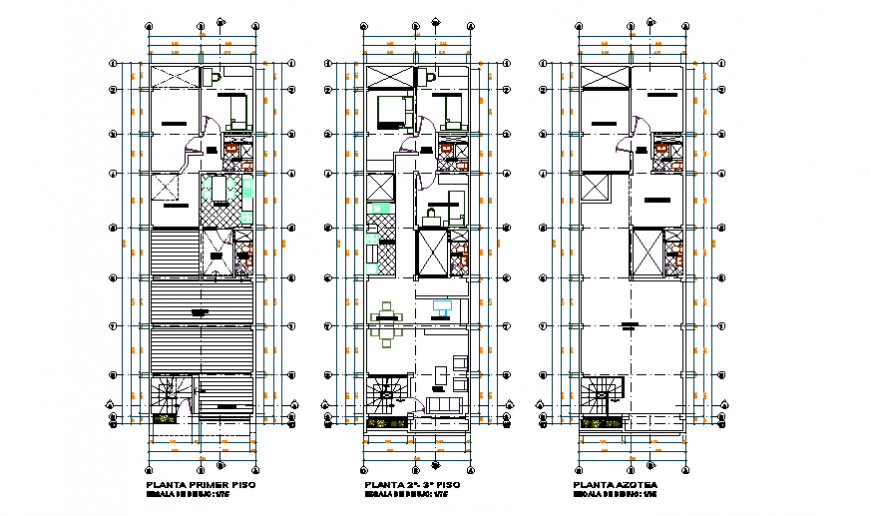 Architectural unifamiliary housing 3 floors design drawing