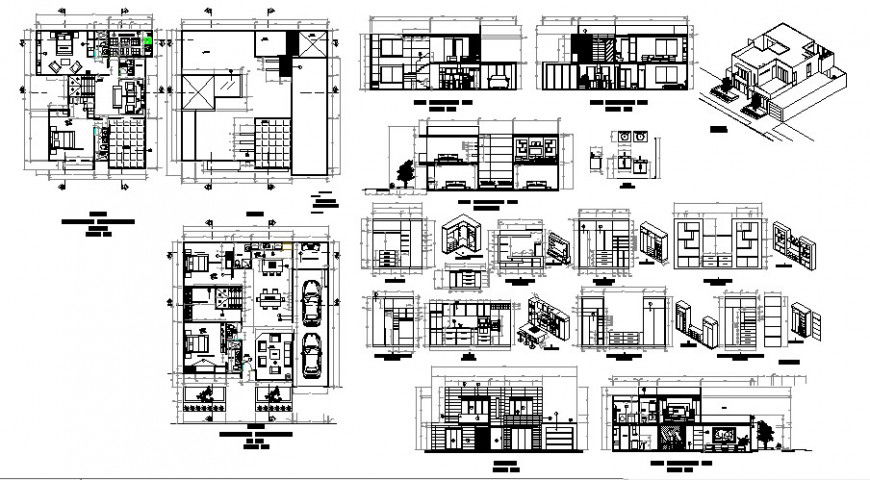 Architectural view of house floor plan, elevation and section view in auto cad