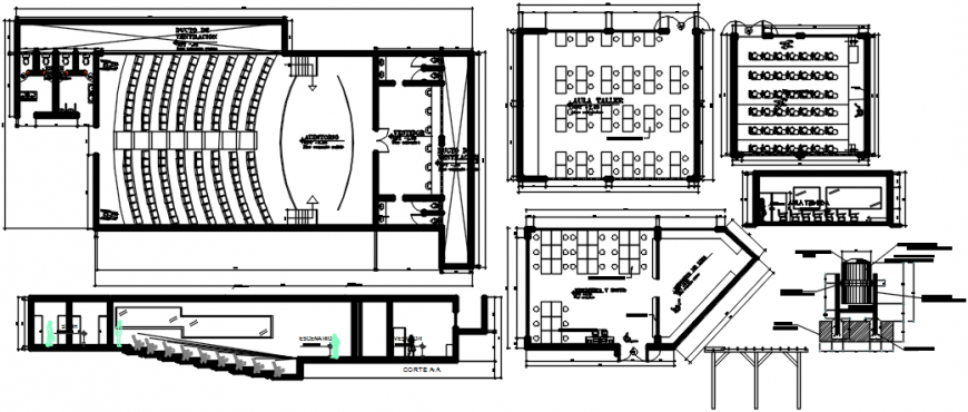 Architecture college building section and plan cad drawing details dwg file