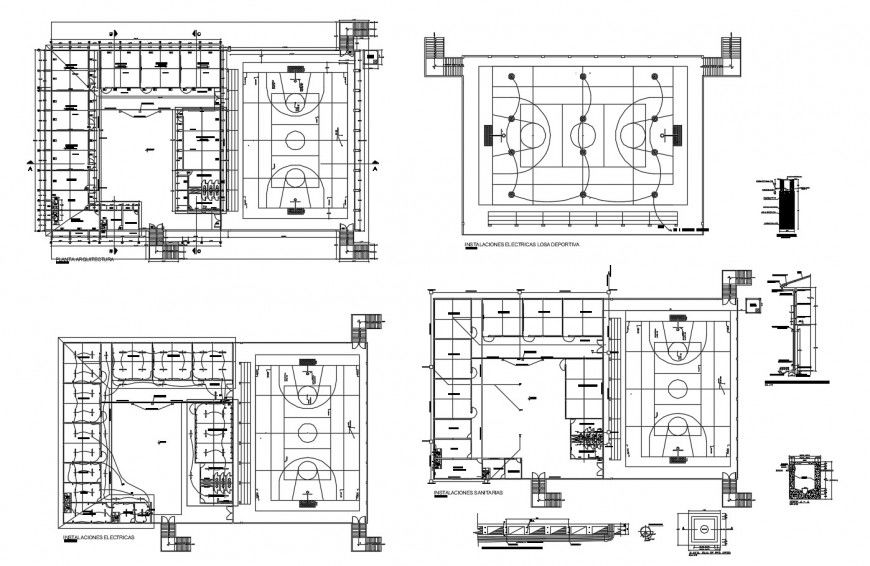 Architecture layout plan, electrical installation and sports ground details of school building dwg file