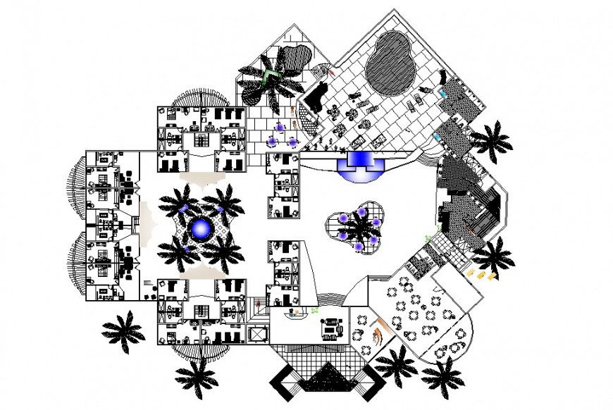 Architecture layout plan with landscaping of hotel building dwg file