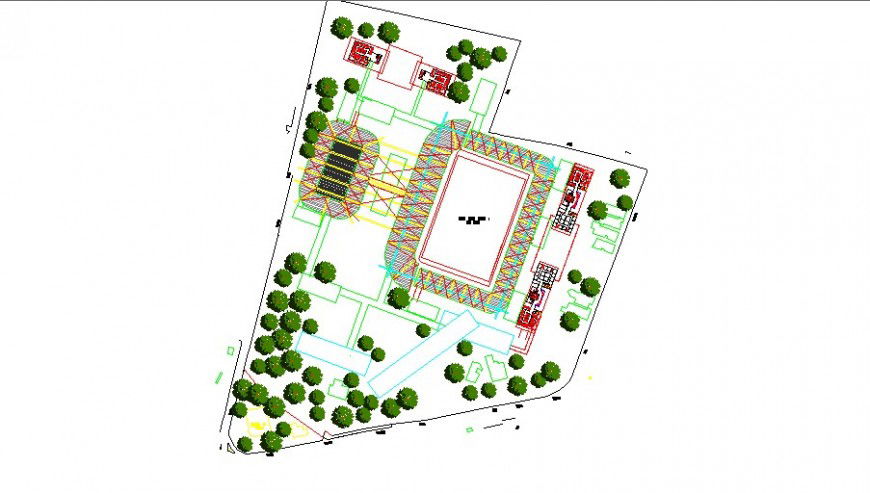 Architecture layout plan with landscaping structure of sports center building dwg file