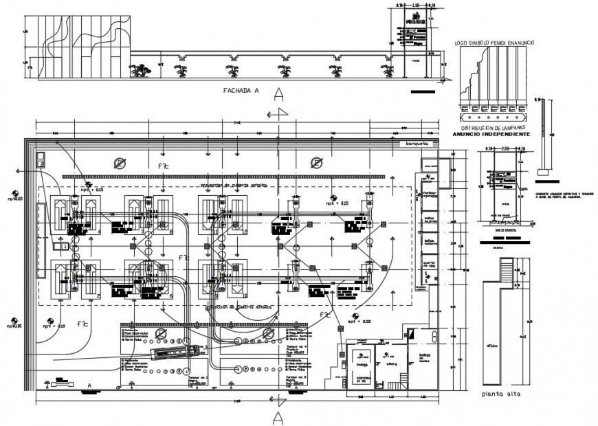 Architecture plan and installation details for industrial gas station dwg file
