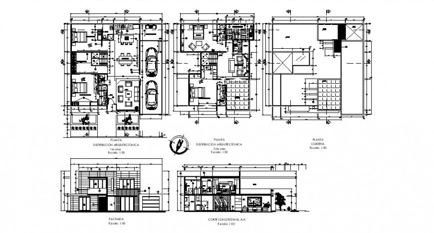 Architecture plan elevation and section view of house in auto cad