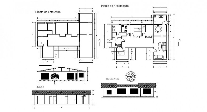 Architecture plan elevation and sectional view of house in auto cad software