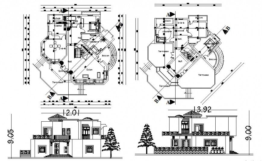 Architecture residence bungalow drawing cad file