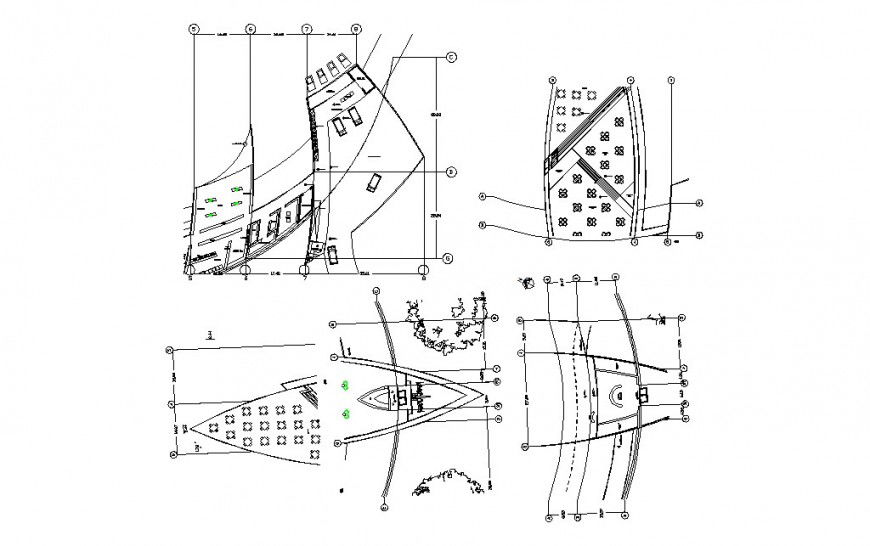 Area distribution and landscaping structure details of boat restaurant dwg file