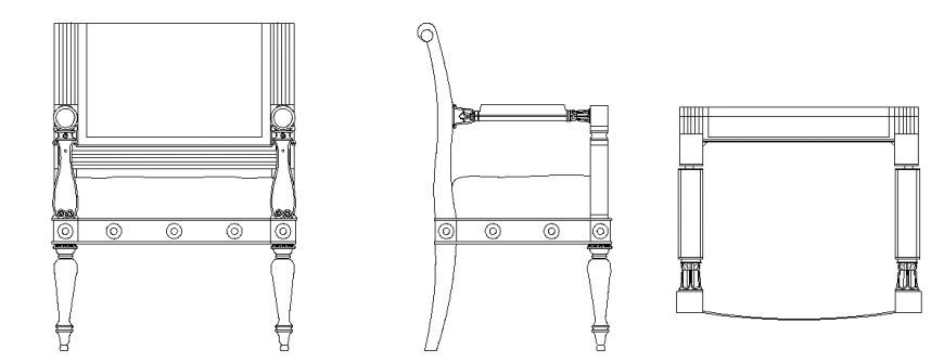 Arm chair elevation,side view and plan with furniture view dwg file