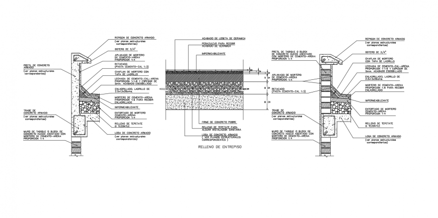 Armed concrete slab with side view and sectional detail view dwg file