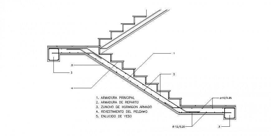 Armed staircase constructive section cad drawing details dwg file