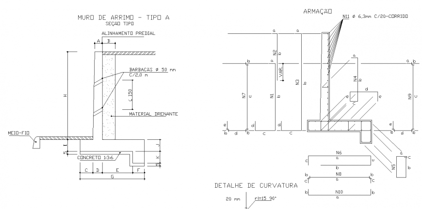 Arrimo wall detail drawing in dwg AutoCAD file.