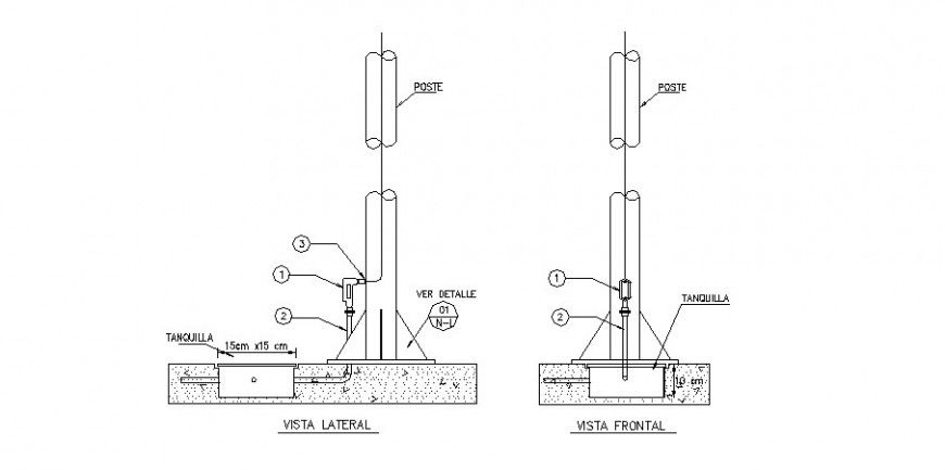 Arrival of cables to pole electric installation details dwg file