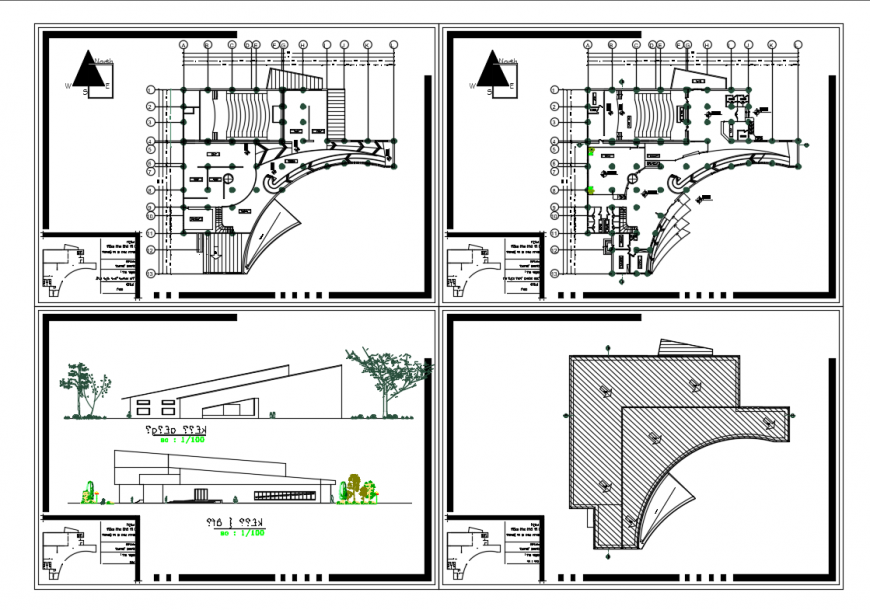Art gallery front and back elevation with floor plan layout details dwg file