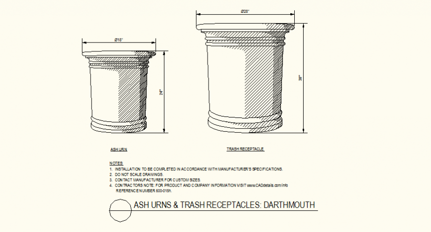 Ash urns and trash receptacles darthmouth design detail plan dwg file