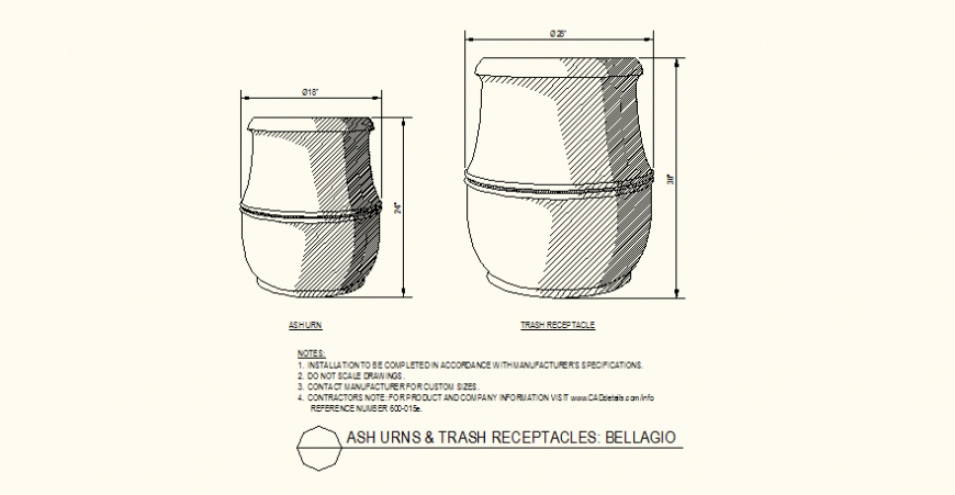 Ash urns and trash receptacles detail plan autocad file