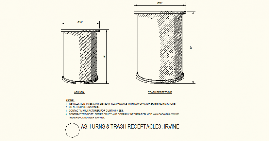Ash urns and trash receptacles lateral side detail layout plan