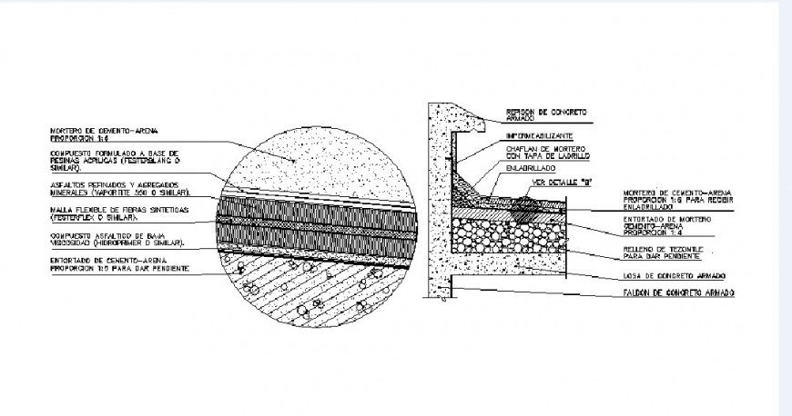 Asphalt and aluminium structured roof section and construction details dwg file