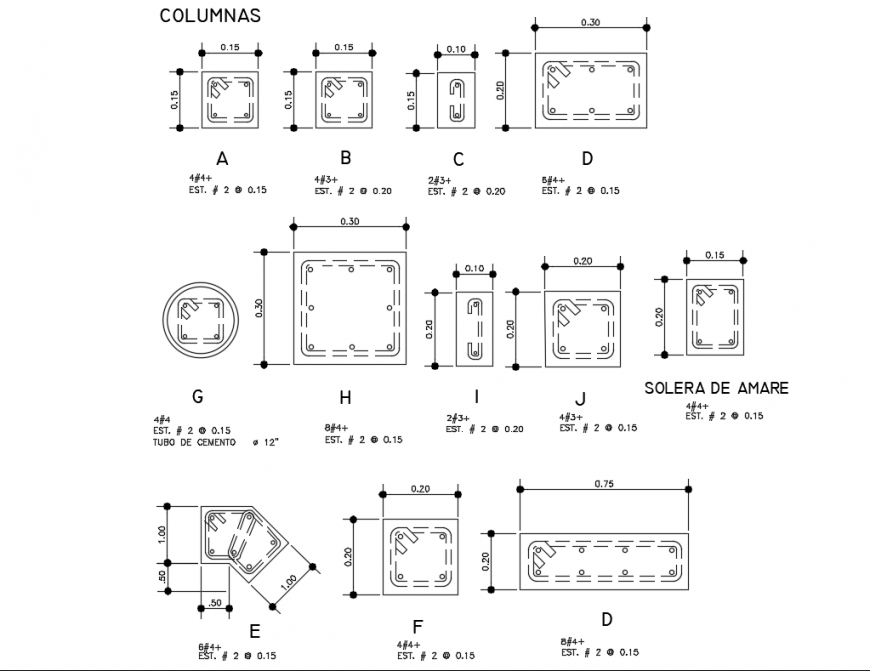 Assorted sectional details of column of house dwg file