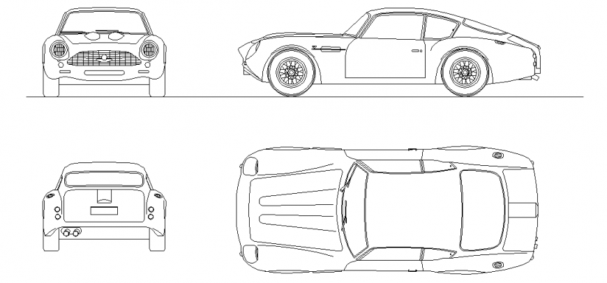 Aston martin car front view,back side view,plan of car design dwg file