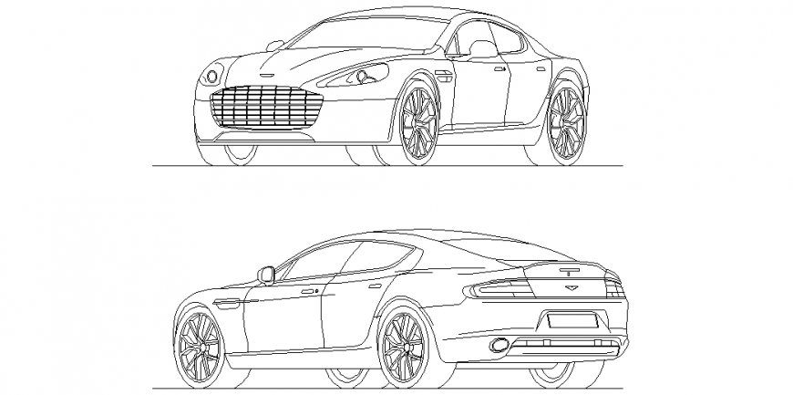 Aston martin rapid car isometric view with front and back side view dwg file