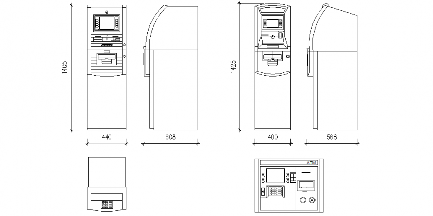 ATM machine CAD drawing with plan, side view, and electronic parts