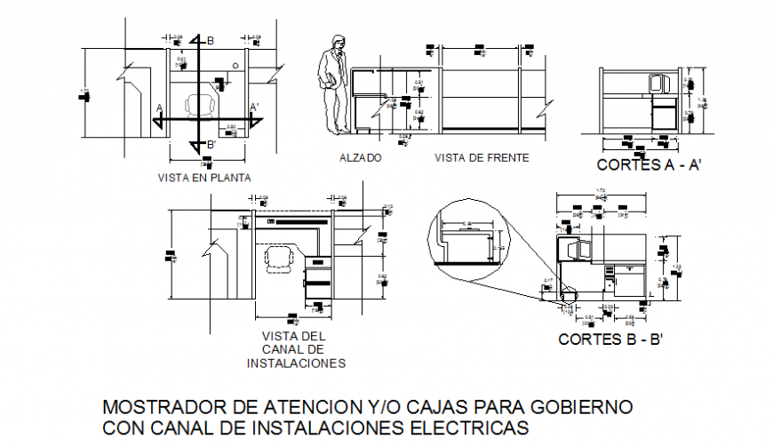 Attention counter for boxes for office with channel of electric installations cad drawing details dwg file
