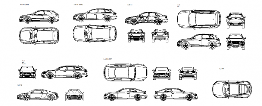 Audi car different design with plan and elevation view dwg file