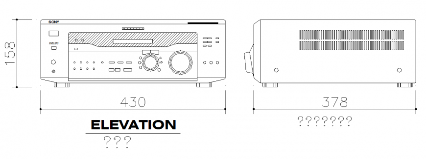 Audio and receiver elevation with backside view dwg file