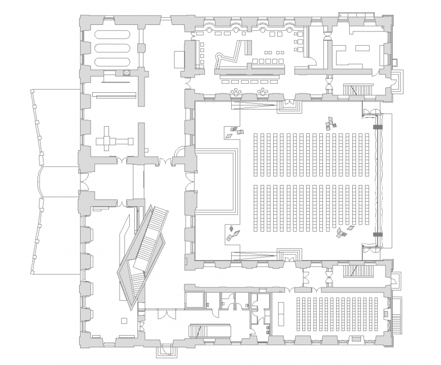 Auditorium area detail with plan architectural design dwg file