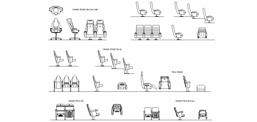 Auditorium arm chair view with its position view dwg file