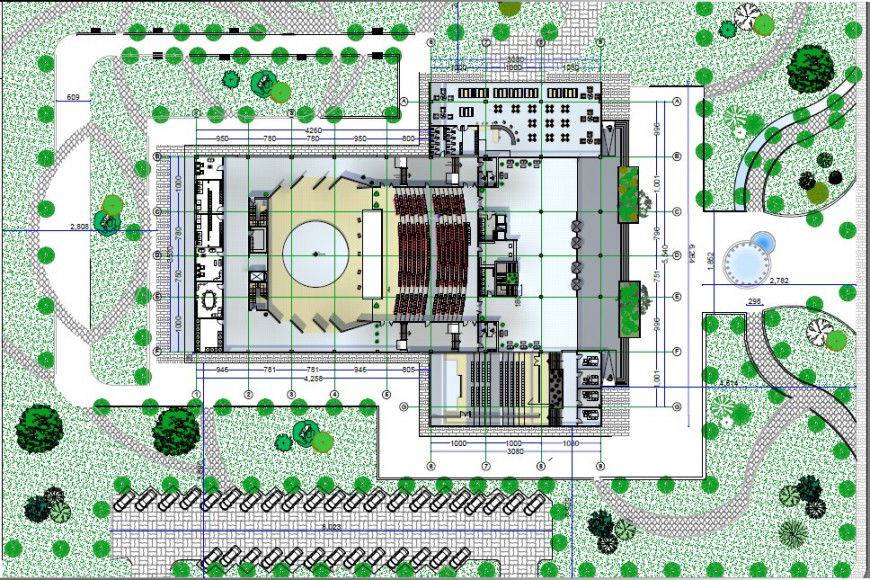 Auditorium building hub details plan 2d view drawing