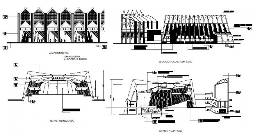 Auditorium building section and elevation 2d view layout dwg file