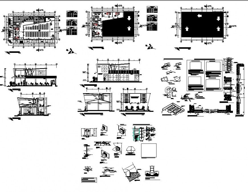 Auditorium building structure detail plan and section 2d view layout file in autocad format