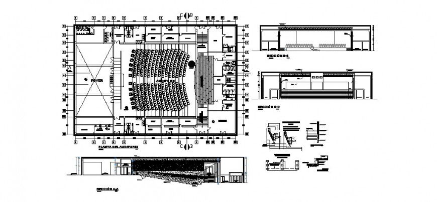 Auditorium hall all sided section and layout plan cad drawing details dwg file