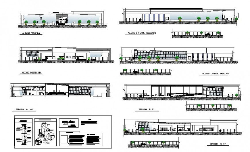 Auditorium hall building all sided elevation and section drawing details dwg file