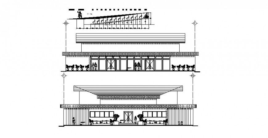 Auditorium hall building main and back elevation cad drawing details dwg file