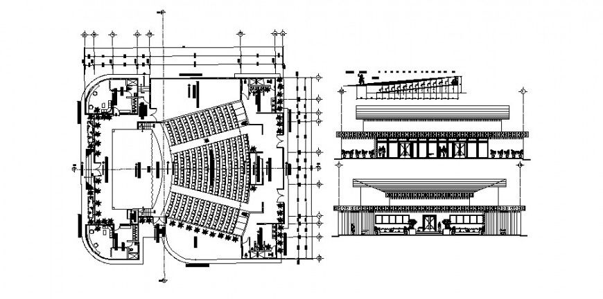 Auditorium hall elevation, section and distribution plan cad drawing details dwg file