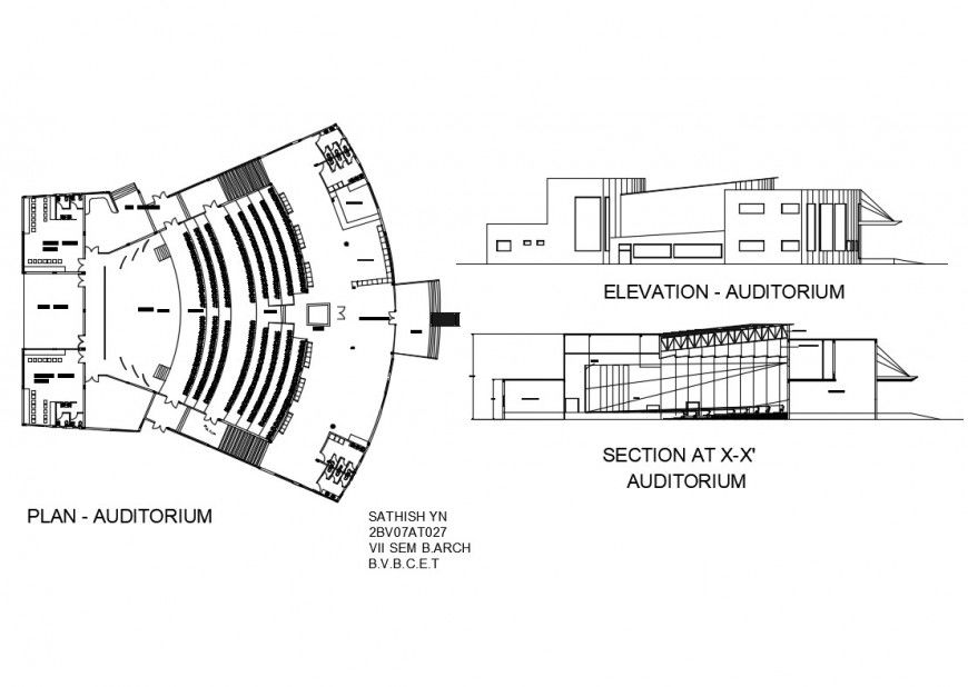 Auditorium hall elevation, section and plan details dwg file
